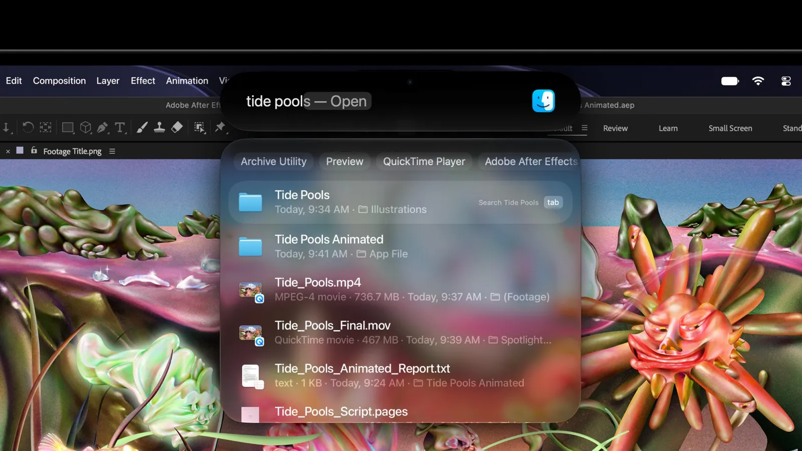 Spotlight-ის ძებნა Dynamic Island-ში MacBook Pro PROLED XDR-ზე