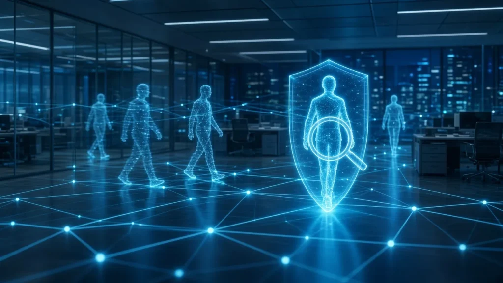 Project Perception და Microsoft-ის AI აგენტები – ჰოლოგრამული ფიგურა ფარითა და გამადიდებელი შუშით ოფისში